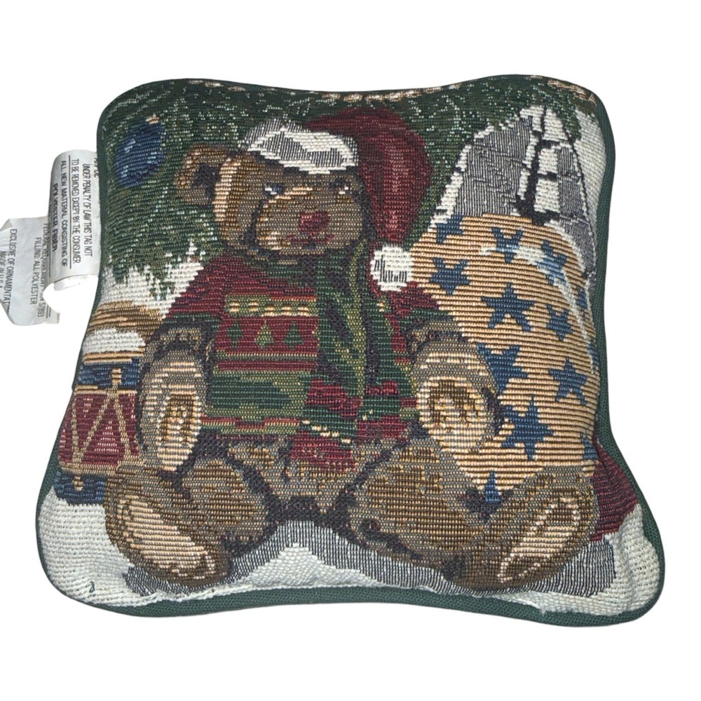 Vintage Santa‎ Teddy Bear Tapestry Accent Throw Pillow Needlepoint Christmas 8x8
